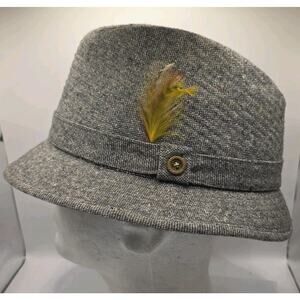 Vintage Richman Brothers Mens Size Large Gray Tweed Fedora Hat W/ Feather